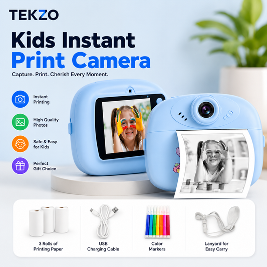 Mini Camera Printer – Inkless Bluetooth HD Photo Printer | Click & Print Instantly | Compatible with Android & iOS | 2 Paper Roll & Lanyard | Print Pictures & Labels | Best Gift for Kids